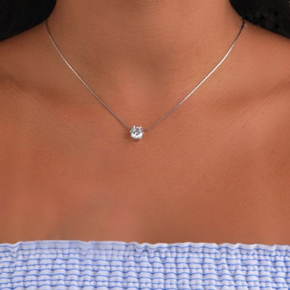 Silver Check Crystal Necklace Simple Chain
