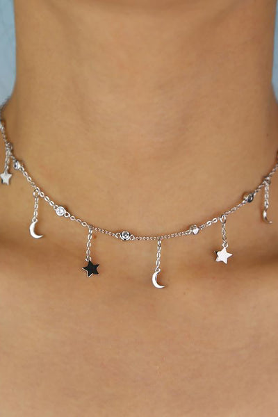 Pretty Moon Star Dainty Chain Choker Necklace in Gold or Silver - www.MyBodiArt.com