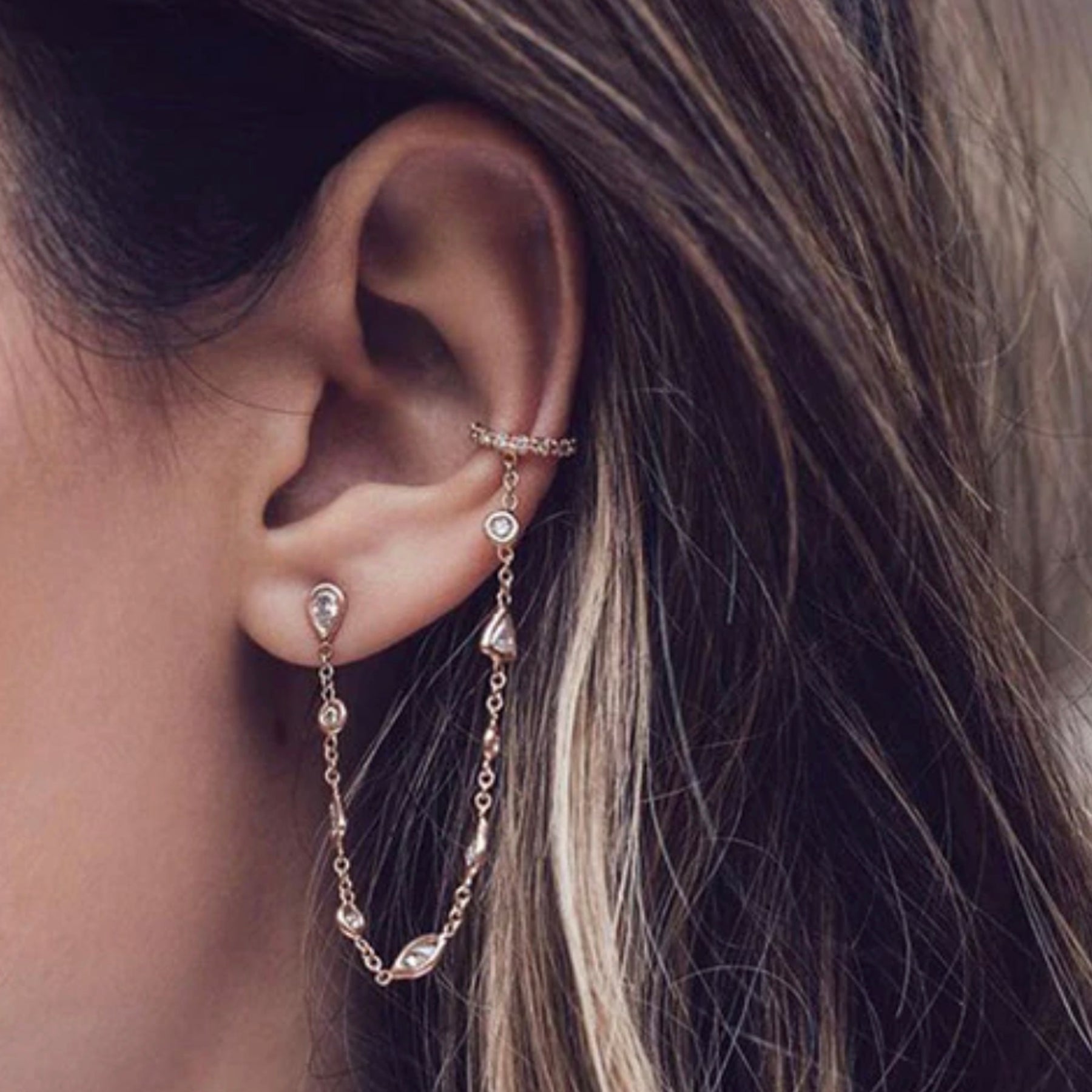 Juliana Ear Cuff Cartilage Crystal Chain Earrings Stud – MyBodiArt