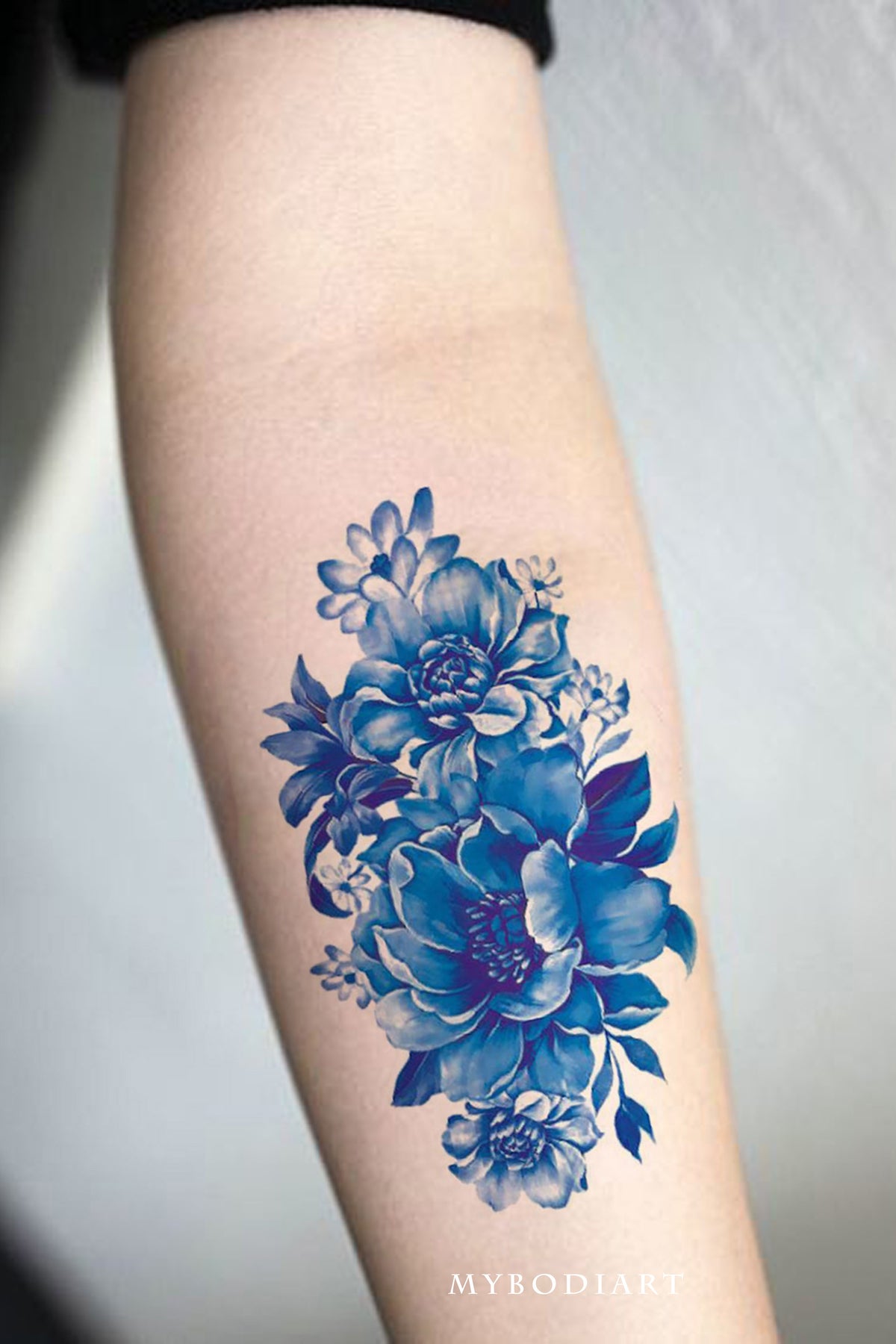 Blue Watercolor Vintage Temporary Tattoo Arm Sleeve - MyBodiArt.com