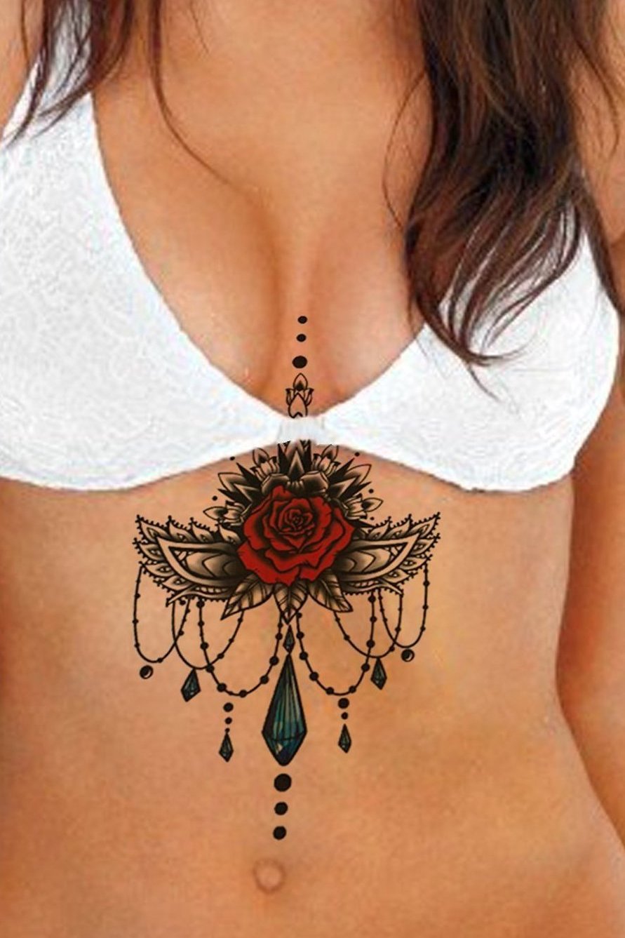 Camilia Red Rose Mandala Chandelier Sternum Temporary Tattoo – MyBodiArt