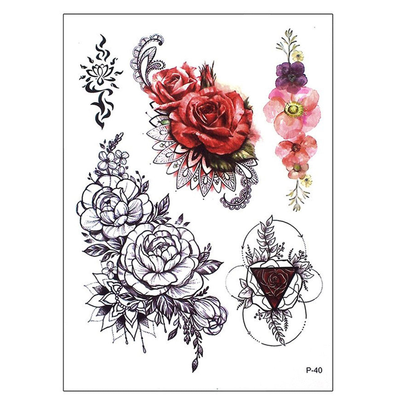 Chilam Watercolor Small Red & Black Rose Mandala Temporary Tattoos