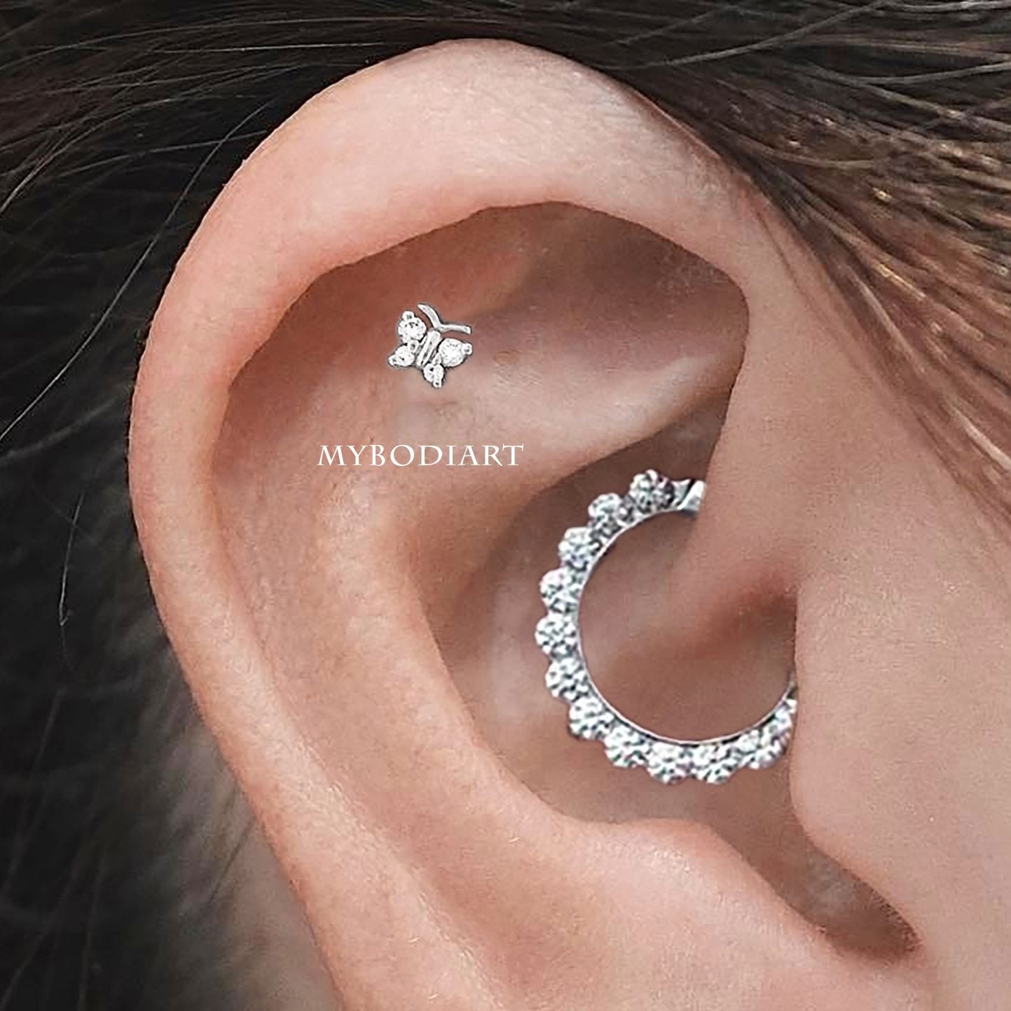 9K Solid White Gold 6mm Crystal Clicker Hoop Earring with Crystal Trio Charm