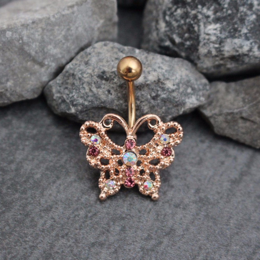 Butterfly Rose Gold Belly Bar, Navel Piercing Jewelry – MyBodiArt